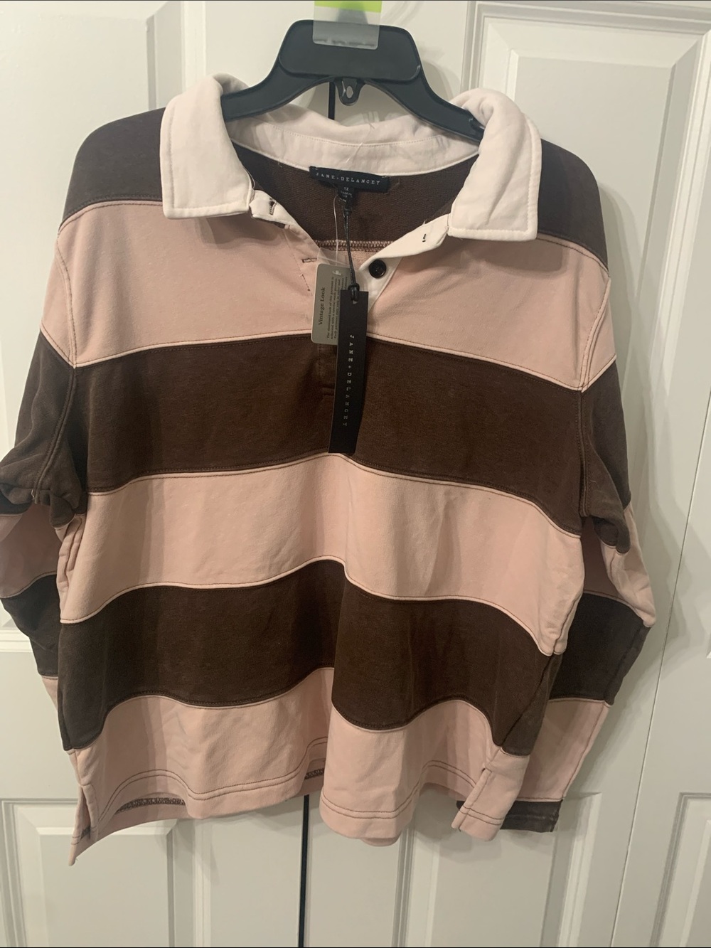 Jane and Delancey V-Neck Rugby Top in Pink and Brown